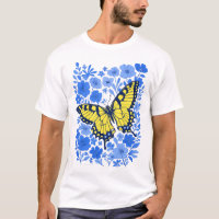 Gelb Schwalbenschwanz blaue Blume T-Shirt