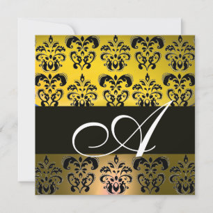 GELB SCHWARZ  DAMAST MONOGRAMM , weiß Einladung