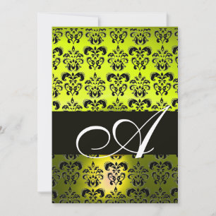 GELB SCHWARZ  DAMAST MONOGRAMM , weiß Einladung