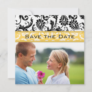 Gelb & Schwarz Damast Save-the-Date mit Osterglock Einladung