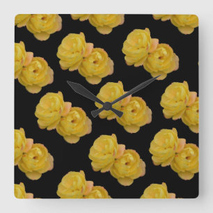 Gelb-Schwarz-Rose-Muster, große Wand-Uhr. Quadratische Wanduhr