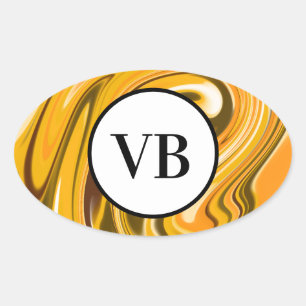 Gelb Schwarze Acryl-Gussmarmor-Add-Name-Monogramm Ovaler Aufkleber