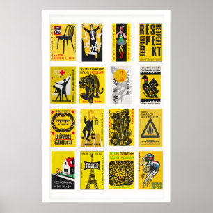 Gelb-schwarze Matchbox-Etiketten-Collage, Grafik Poster