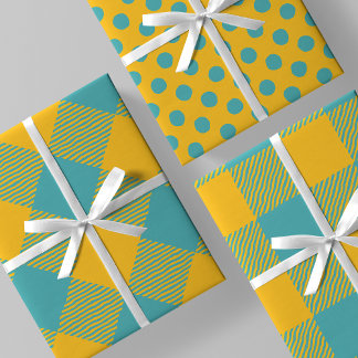 Gelb & Türkis gewellte Buffalo-Karo & Polka-Punkte Geschenkpapier Set