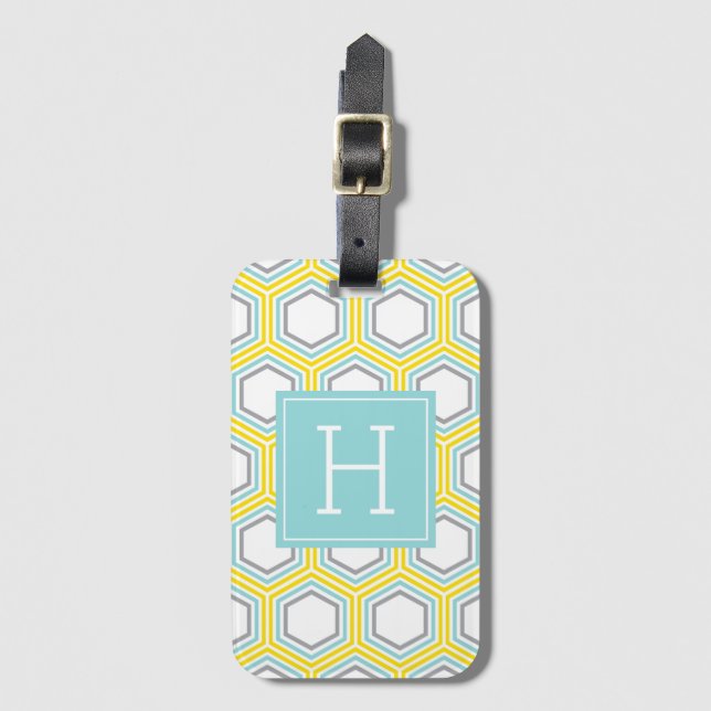 Gelb- und Aqua-Honeycomb-Muster Mit Monogramm Gepäckanhänger (Vorderseite Vertikal)