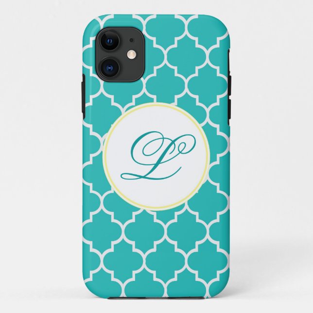 Gelb und Aqua-Monogramm Quatrefoil Case-Mate iPhone Hülle (Rückseite)