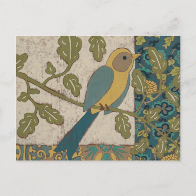 Gelb und aquamariner blauer Vogel gehockt auf Postkarte (Vorderseite)