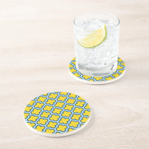 Gelb und Baby Blue Trellis, Gitter, Quatrefolie Getränkeuntersetzer