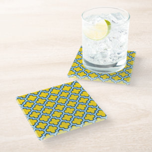 Gelb und Baby Blue Trellis, Gitter, Quatrefolie Glasuntersetzer