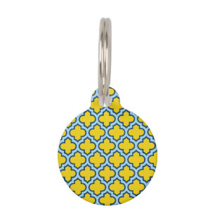 Gelb und Baby Blue Trellis, Gitter, Quatrefolie Haustiermarke