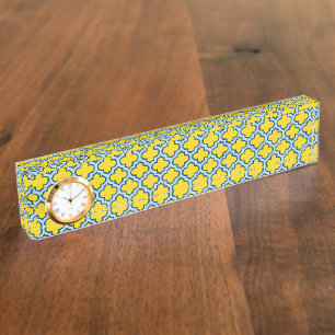 Gelb und Baby Blue Trellis, Gitter, Quatrefolie Namensplakette