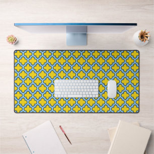 Gelb und Baby Blue Trellis, Gitter, Quatrefolie Schreibtischunterlage