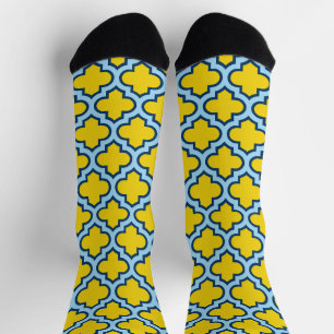 Gelb und Baby Blue Trellis, Gitter, Quatrefolie Socken