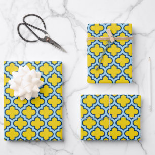 Gelb und Babyblau-Gitter, Lattice, Vierpass Geschenkpapier Set