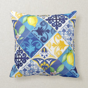 Gelb und blau Lemon Blumenkissen. sizilianisch Kissen