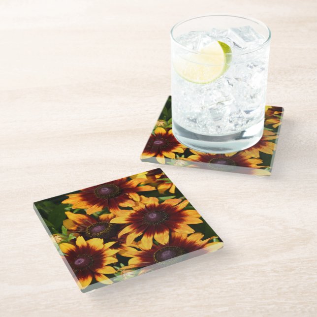 Gelb und Bronze Rudbeckias Floral Glasuntersetzer (Schrägansicht)
