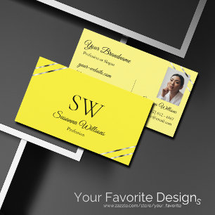 Gelb und Creme mit silbernen Linien Monogramm Foto Visitenkarte