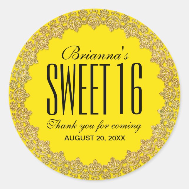 Gelb und Gold Personalisiert Sweet 16 Party Runder Aufkleber (Vorderseite)