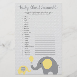 Gelb und Grau Baby Shower Worträtsel für Elefanten Flyer