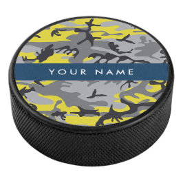 Gelb und Grau Camouflage Ihr Name personalisieren Eishockey Puck