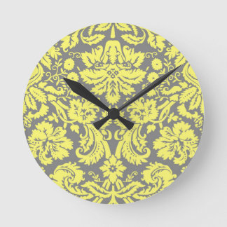 Gelb und Grau Fantasie Damast Muster Runde Wanduhr