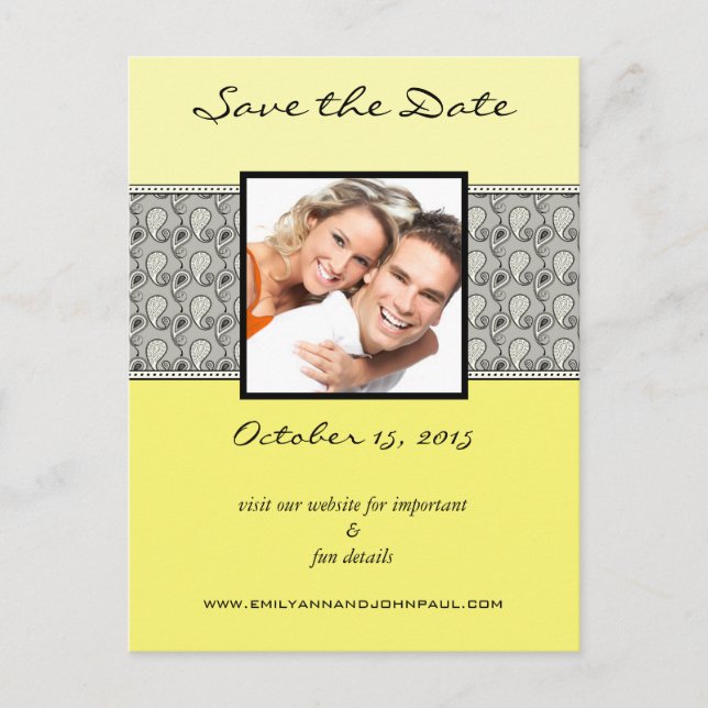 Gelb und Grau Paisley Save the Date Ihre Fotos Ankündigungspostkarte (Vorderseite)