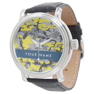 Gelb und Grau Tarnung Ihren Namen personalisieren Armbanduhr