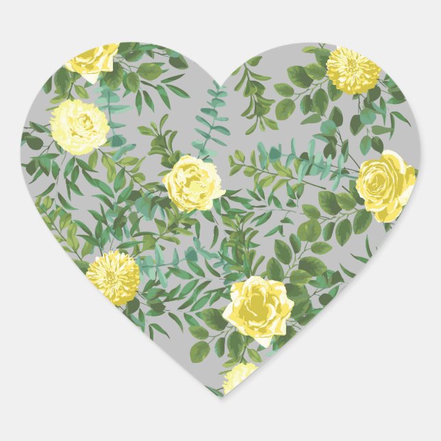 Gelb und grau Vintag Elegante Blumenhochzeit Herz-Aufkleber (Vorderseite)
