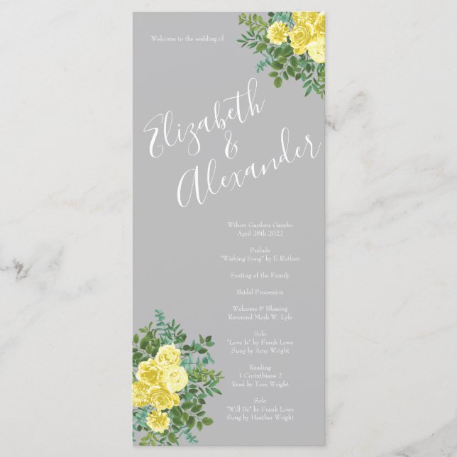 Gelb und grau Vintag Elegante Blumenhochzeit Menükarte (Vorderseite)