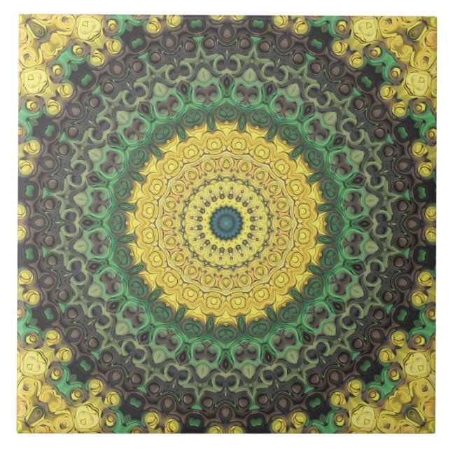 Gelb und Grün Kaleidoskop Mandala Muster Fliese (Vorderseite)