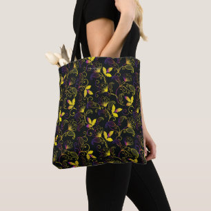 Gelb und Lila abstrakt floral auf Schwarz Tasche