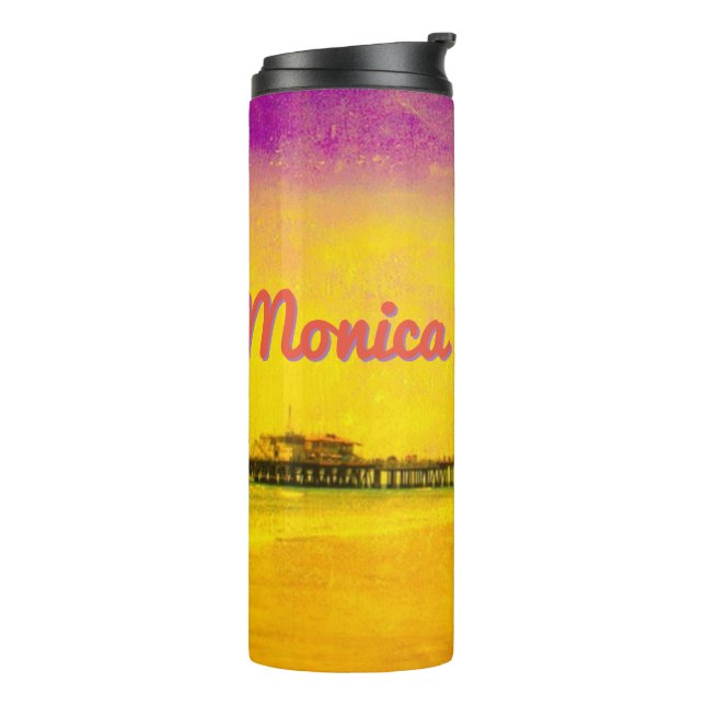 Gelb und Lila Santa Monica Pier Ihr Name Thermosbecher (Nach links gedreht)