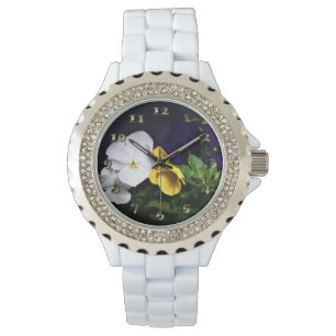 Gelb und Lila Stiefmütterchen Armbanduhr