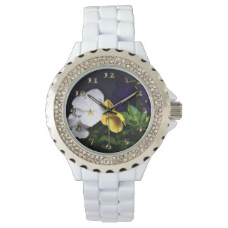 Gelb und Lila Stiefmütterchen Armbanduhr