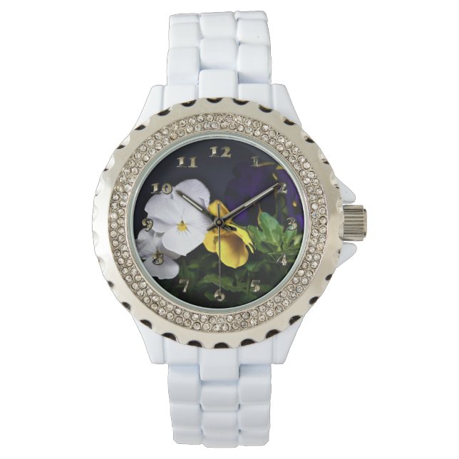 Gelb und Lila Stiefmütterchen Armbanduhr (Vorderseite)