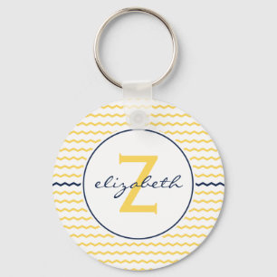 Gelb-und Marine-Blau-Zickzack Monogramm Schlüsselanhänger