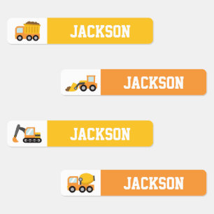 Gelb und orange Konstruktionsfahrzeuge Jungen Name Etiketten
