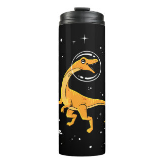 Gelb und orange Velociraptor Dinos im Weltraum Thermosbecher