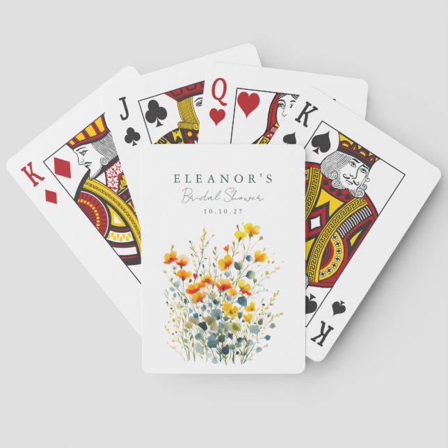 Gelb- und Orangengrasen-Wildblumen-Brautparty Spielkarten (Rückseite)
