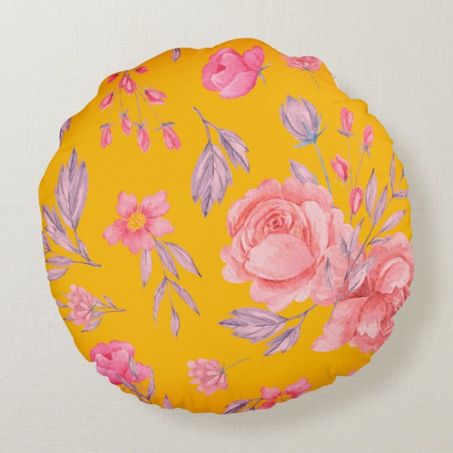 Gelb und rosa Blütenblätter, rund gezogenes Kissen (Rückseite)