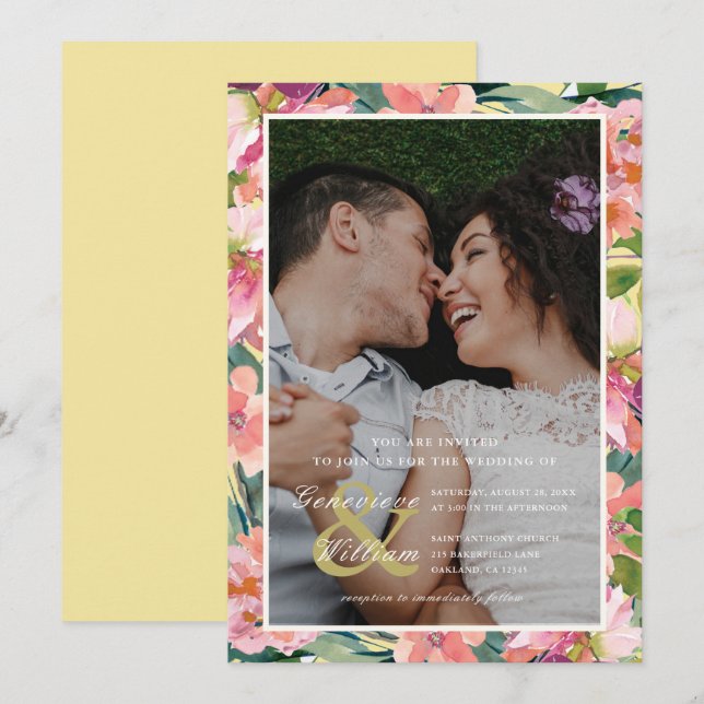 Gelb und Rosa mit Pfirsichblütenhochzeit Foto Einladung (Vorne/Hinten)