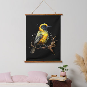 Gelb und Schwarz Abstrakt Prairie Warbler Wandteppich Mit Holzrahmen