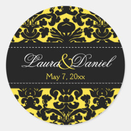 Gelb und schwarz Damask 1,5" Hochzeitsaufkleber Runder Aufkleber