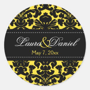 Gelb und schwarz Damask 1,5" Hochzeitsaufkleber Runder Aufkleber