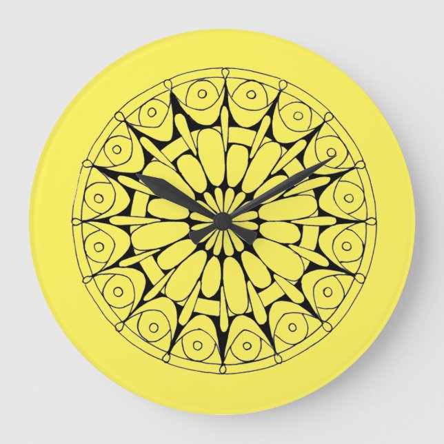 Gelb und Schwarz Mandala Große Wanduhr (Vorderseite)