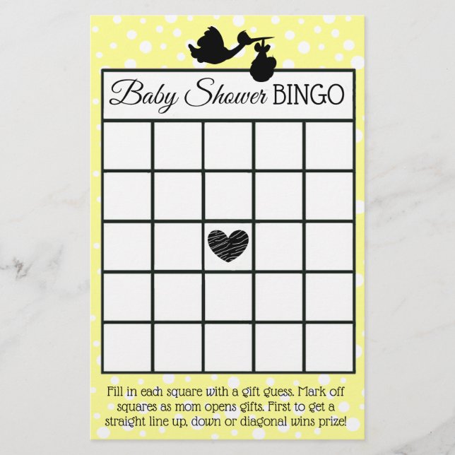 Gelb und schwarz Stork Polka Dot Babyduschspiele Flyer (Vorne)