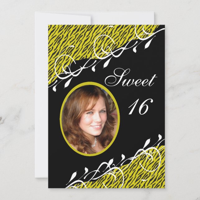 Gelb und Schwarz Zebra Print Sweet 16 Einladung (Vorderseite)