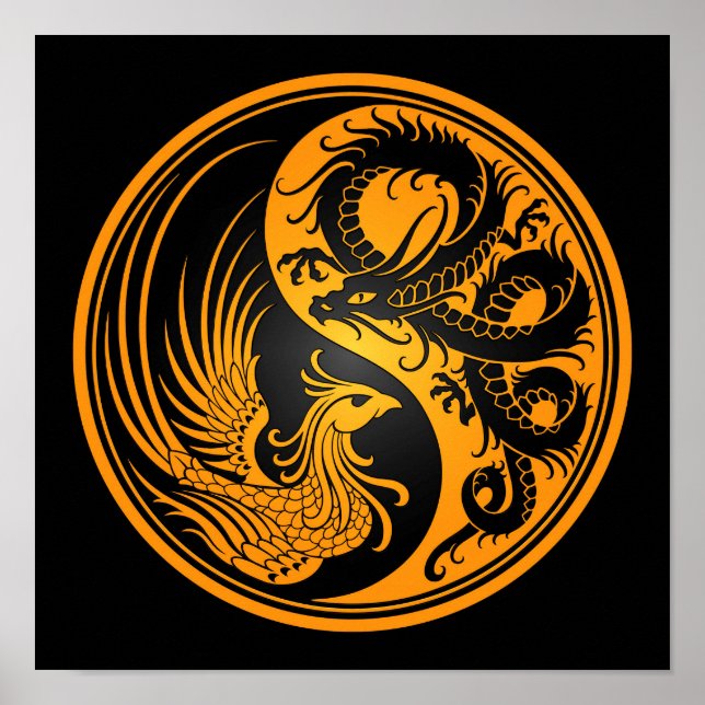 Gelb und Schwarzer Drache Phoenix Yin Yang Poster (Vorne)
