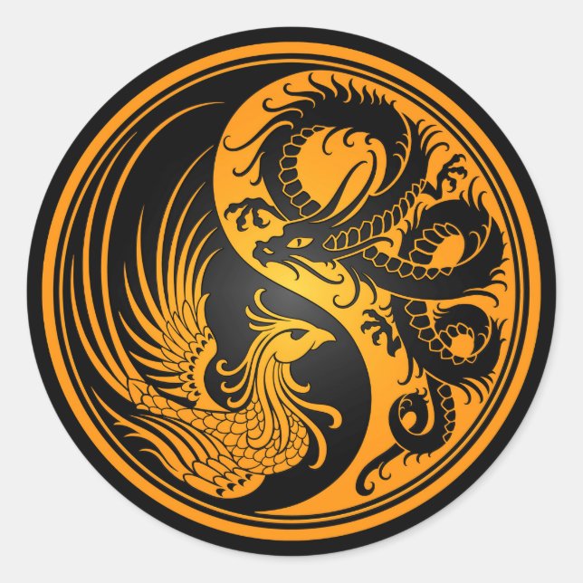 Gelb und Schwarzer Drache Phoenix Yin Yang Runder Aufkleber (Vorderseite)