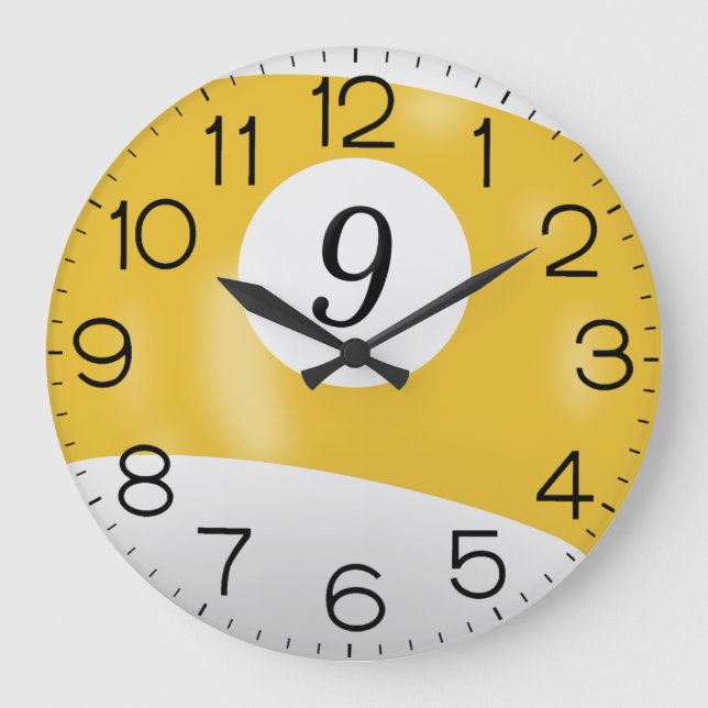 Gelb und Weiß Billiard #9 Ball Große Wanduhr (Vorderseite)